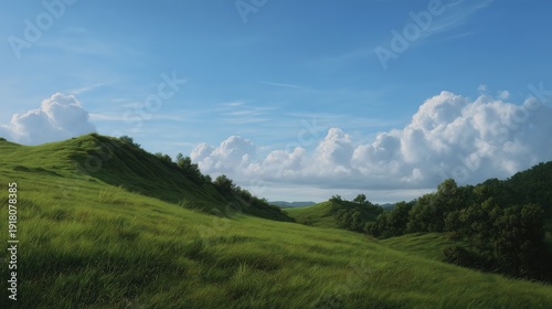 Rolling green hills under a vast blue sky with dramatic white clouds