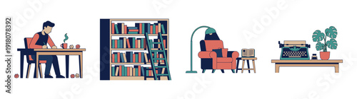 Flat Vector Writer Workspace and Library Element Kit for Creative Literature and Home Office Themes