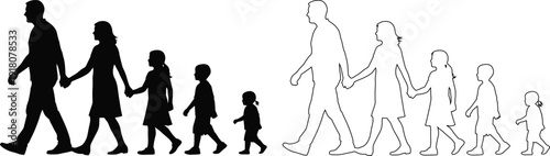 Illustration of diverse family groups walking in various formations