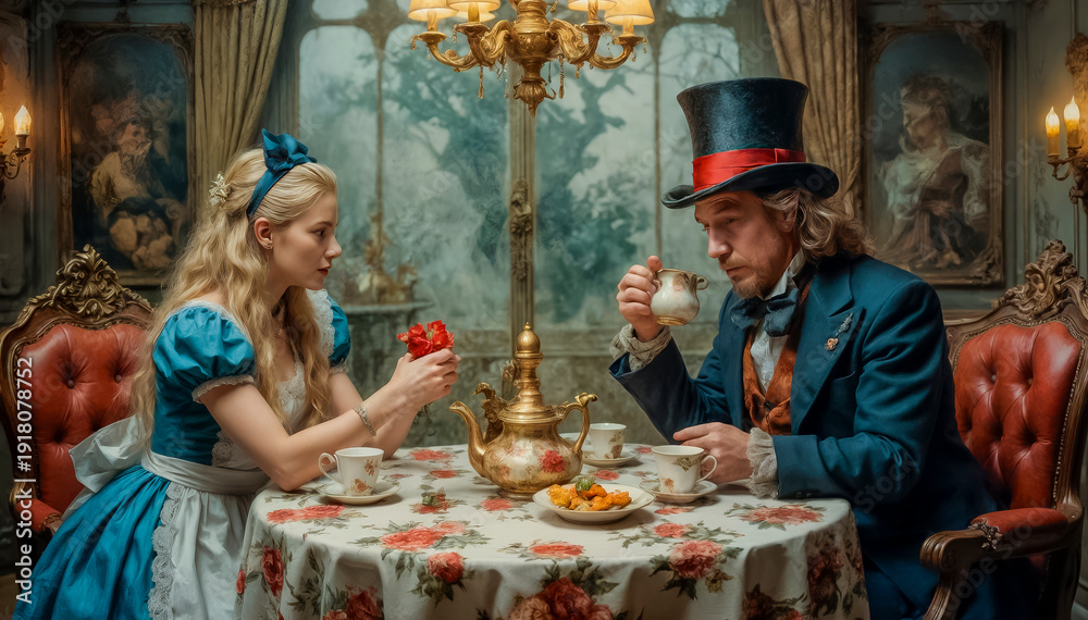 Naklejka premium Alice and the Mad Hatter at the Table in Wonderland