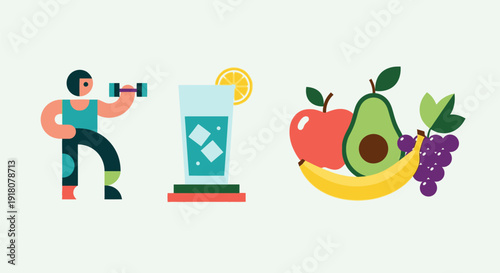 Healthy lifestyle illustration featuring a person taking a photo of a nutritious drink and various fruits