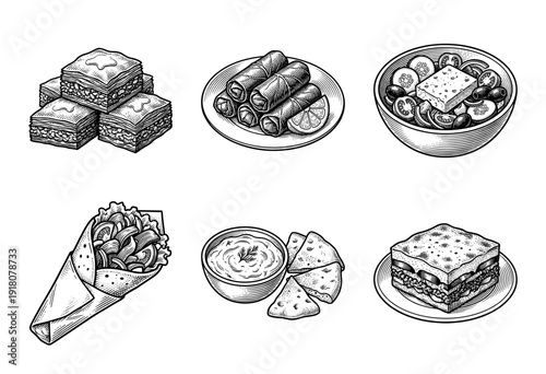 Vintage hand drawn engraving style illustration of Mediterranean and Middle Eastern cuisine set including baklava dolma salad wrap hummus and moussaka