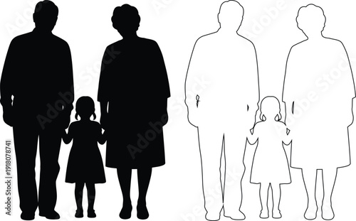Two families with children standing side by side in silhouette form