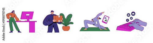 Flat Vector Modern Lifestyle and Remote Work Asset Sheet for Corporate Wellness and Digital Connectivity
