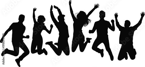 Group of happy people jumping in celebration, silhouette friends having fun, youth energy, teamwork, success, freedom, party, unity, and joy