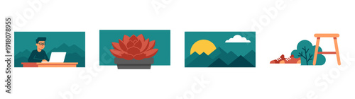 Flat Vector Remote Work and Nature Lifestyle Graphic Set for Mindfulness and Productivity Blog Elements