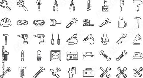 Hand tools and workshop equipment outline icon set repair maintenance vector collection isolated on white background