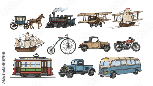 Vintage Transport Icons: A colorful assortment of vintage transportation illustrations, capturing the evolution of travel from horse-drawn carriages to early automobiles and aircraft.