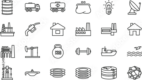 Industrial energy and logistics outline icon set factory transport oil vector collection isolated on white background