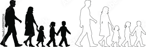 Illustration of diverse family groups walking together in different formations