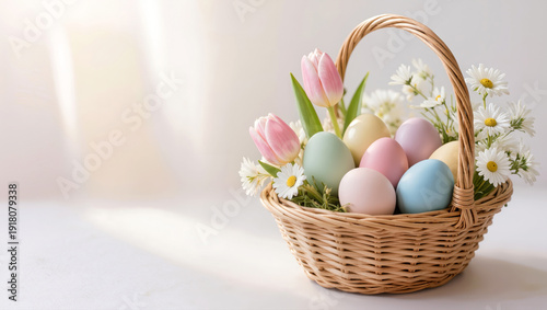 Easter basket with pastel eggs and spring flowers on light background, festive holiday decoration with soft natural light.