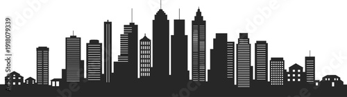 Modern city skyline silhouette, urban downtown buildings panorama, black cityscape vector illustration, minimal architecture, metropolitan skyline on white background