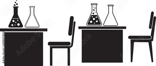 Silhouette of classroom tables with chemical beakers