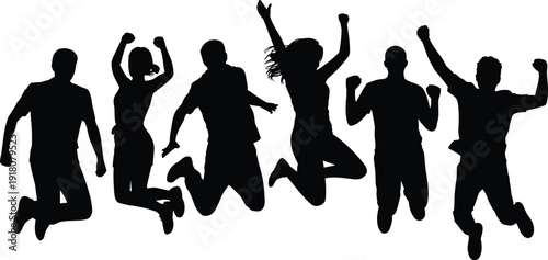 Group of happy people jumping in celebration, black silhouettes isolated on white background, teamwork success energy concept photo