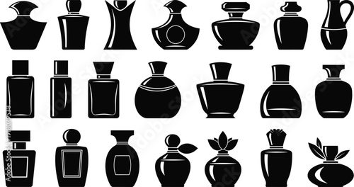 Black Silhouette Vector Collection of Elegant Perfume Bottles with Various Glass Shapes and Decorative Caps for Beauty Fragrance and Cosmetic Branding