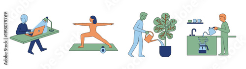 Flat Vector Lifestyle Character Element Kit for Remote Work Wellness and Daily Routine Graphics