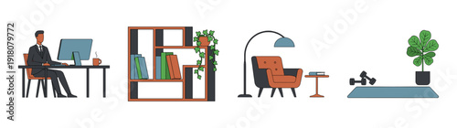Flat Vector Lifestyle and Productivity Element Kit for Modern Remote Work and Wellness Themes