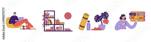 Flat Vector Remote Work and Wellness Graphic Set for Balanced Lifestyle and Home Office Design