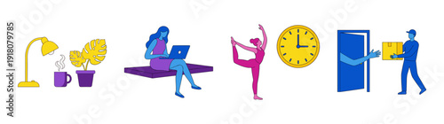 Flat Vector Remote Work and Wellness Graphic Set for Modern Lifestyle and Home Office Productivity