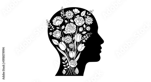 Human head silhouette with flowers growing inside, minimalist black and white vector, clean contour lines, flat design, mental wellness and happiness concept, white background