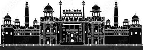 Red Fort Delhi India Silhouette, Mughal Architecture Landmark Vector, Historic Lal Qila Monument Graphic, Islamic Heritage Building Illustration on White Background