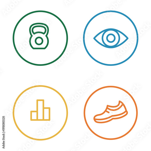 Four circular icons representing fitness, vision, data, and sports, with a kettlebell, eye, bar chart, and running shoe.