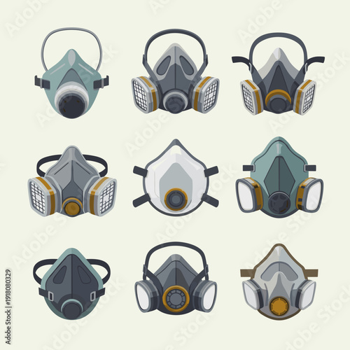 Set of diverse modern gas mask flat icons