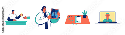Flat Vector Healthcare Services Graphic Asset Sheet for Modern Telemedicine and Medical Consultation Layouts