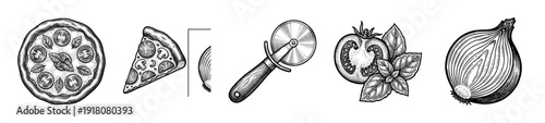Set of pizza ingredients and cooking tools in hand drawn woodcut engraving style