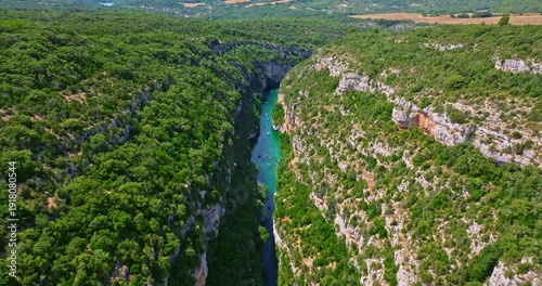 Aerial view of the Verdon Gorge river canyon in southern France. A popular destination for active recreation and travel