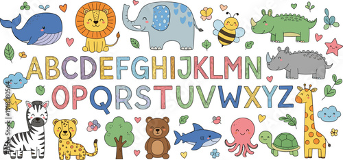 Kawaii Animal Alphabet Vector Set, Cute Educational ABC Letters with Jungle and Ocean Wildlife