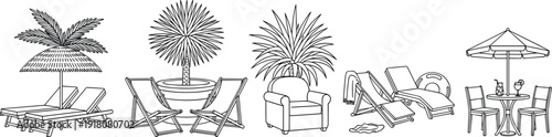 Beach Furniture Line Art Vector Set, Tropical Resort Lounge Chairs and Patio Umbrella Outline