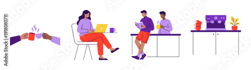 Flat Vector Coffee Break and Coworking Character Element Kit for Modern Office Culture