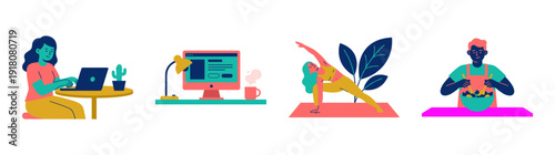 Flat Vector Remote Lifestyle Asset Sheet for Healthy Work-Life Balance and Wellness Productivity Concepts