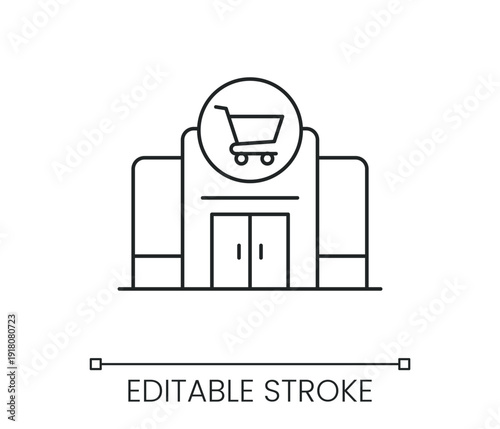 Shopping mall building icon with cart symbol for retail commerce business store supermarket outlet. Line with editable stroke single symbol. Thin linear style sign. Outline vector illustration