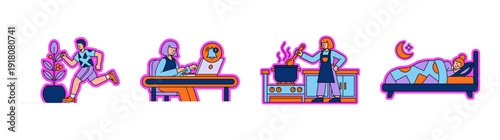 Flat Vector Daily Routine Activity Element Kit for Work Life Balance and Healthy Lifestyle Wellness