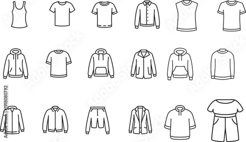 Collection of various clothing items outlined in simple line art