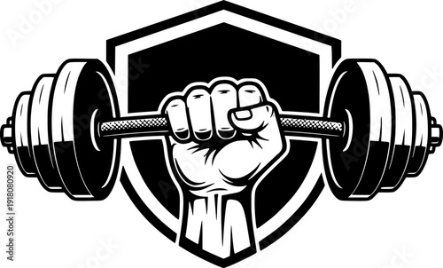 Gym and bodybuilding fitness emblems set, black and white silhouettes of muscles, barbells and dumbbells vector illustration.