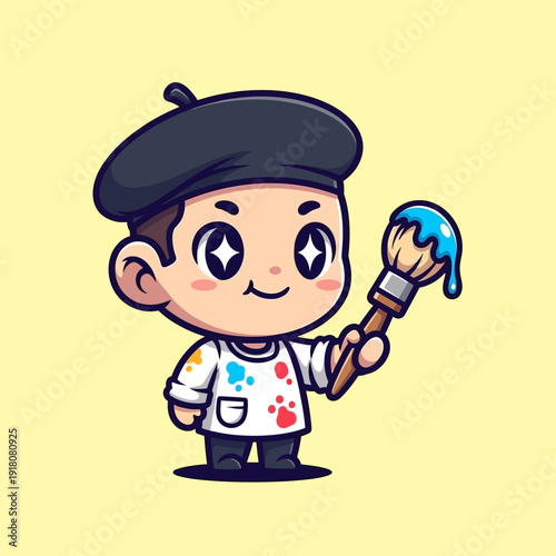 Cute Cartoon Artist Boy Holding Paintbrush with Blue Paint, Wearing Beret