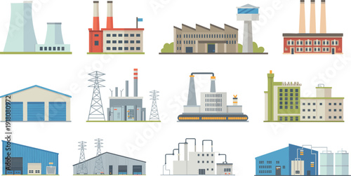 Industrial factory buildings and power plants flat vector illustration set featuring warehouses, chimneys, refineries, and manufacturing facilities icons