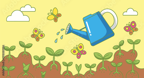 Watering Can Nourishing Young Plants and Flowers in a Vibrant Garden Scene from an Overhead Viewpoint