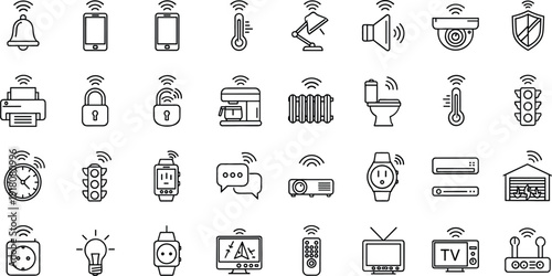 Smart home wireless devices outline icon set with WiFi signal symbols modern line vector collection