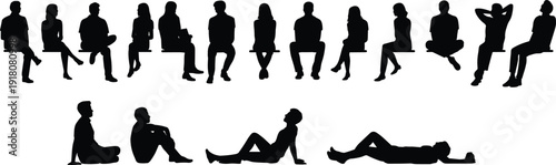 Silhouette people sitting and relaxing poses, human figures collection, black shadow men and women, isolated on white background