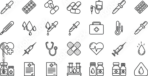 Medical and healthcare outline icon set medicine treatment vector collection isolated on white background