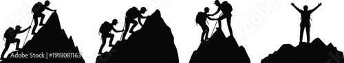 Teamwork success concept, mountain climbing people silhouette, leadership achievement, business motivation, challenge overcoming, goal reaching illustration