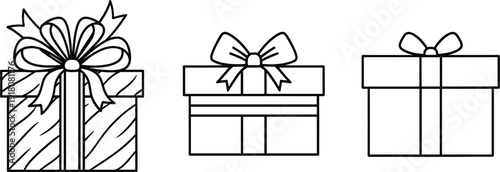 Set of hand drawn gift box vector illustrations with ribbon bows outline style isolated on white background