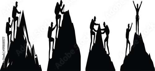 Teamwork success mountain climbing silhouette illustration, business achievement leadership concept, collaboration challenge victory teamwork goal motivation strategy success peak
