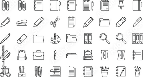 Office and school supplies outline icon set stationery equipment vector collection isolated on white background