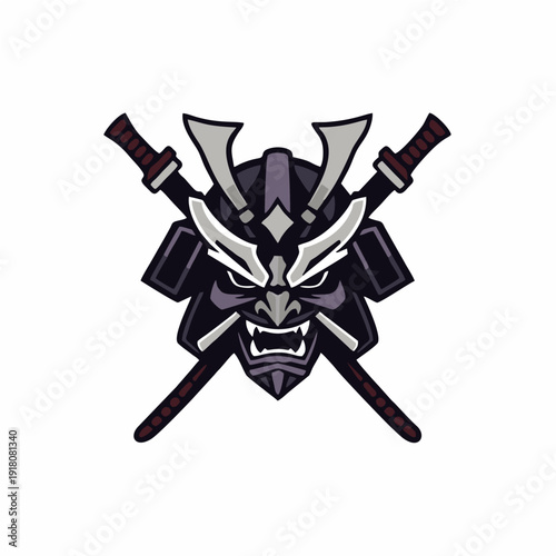 Stylized Japanese samurai mask logo with crossed katana swords, dynamic warrior emblem in modern flat vector design perfect for esport branding, gaming clan identity, and strong mascot concepts