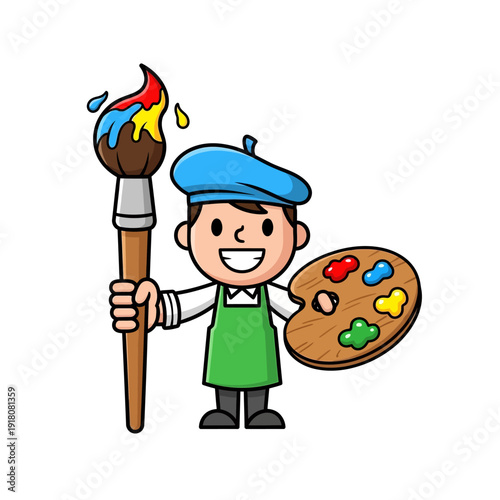 Cartoon Artist with Paintbrush and Palette, Ready to Create Art